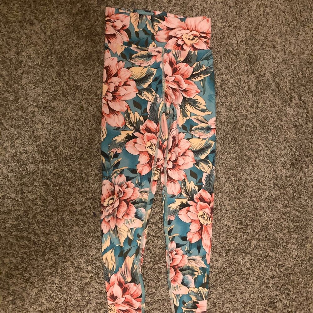 MuMu Moves Floral Print Leggings XS Xtra Small Turquoise Blue Pink Polyester